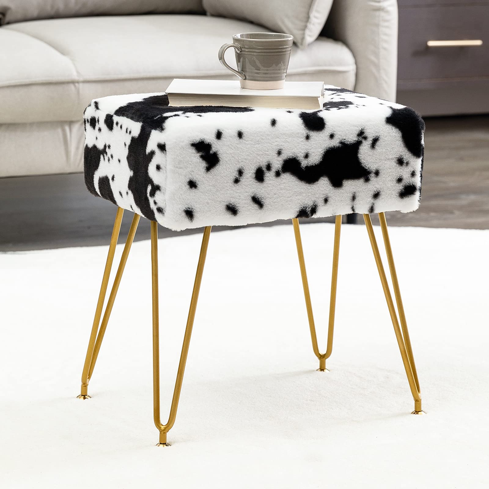 LUE BONA Modern Mink Square Footstool Vanity Bench, Cow Print Furry Faux Fur Stool with Gold Legs, Comfy Vanity Chair Ottoman Bench, Makeup Stools for Vanity, Fluffy Footrest for Bedroom, Living Room