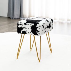 LUE BONA Modern Mink Square Footstool Vanity Bench, Cow Print Furry Faux Fur Stool with Gold Legs, Comfy Vanity Chair Ottoman Bench, Makeup Stools for Vanity, Fluffy Footrest for Bedroom, Living Room