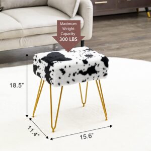 LUE BONA Modern Mink Square Footstool Vanity Bench, Cow Print Furry Faux Fur Stool with Gold Legs, Comfy Vanity Chair Ottoman Bench, Makeup Stools for Vanity, Fluffy Footrest for Bedroom, Living Room