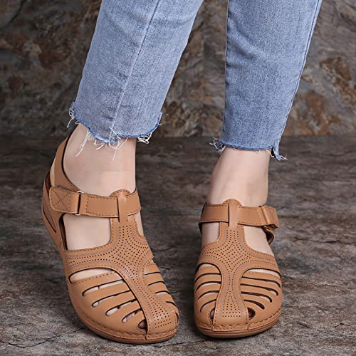 BTDECLAR Closed Toe Sandals Women Dressy Summer Wedge Orthopedic Sandals Hollow Out Ankle Snap Buckle Platform Sandals Beach Outdoor Walking Shoes