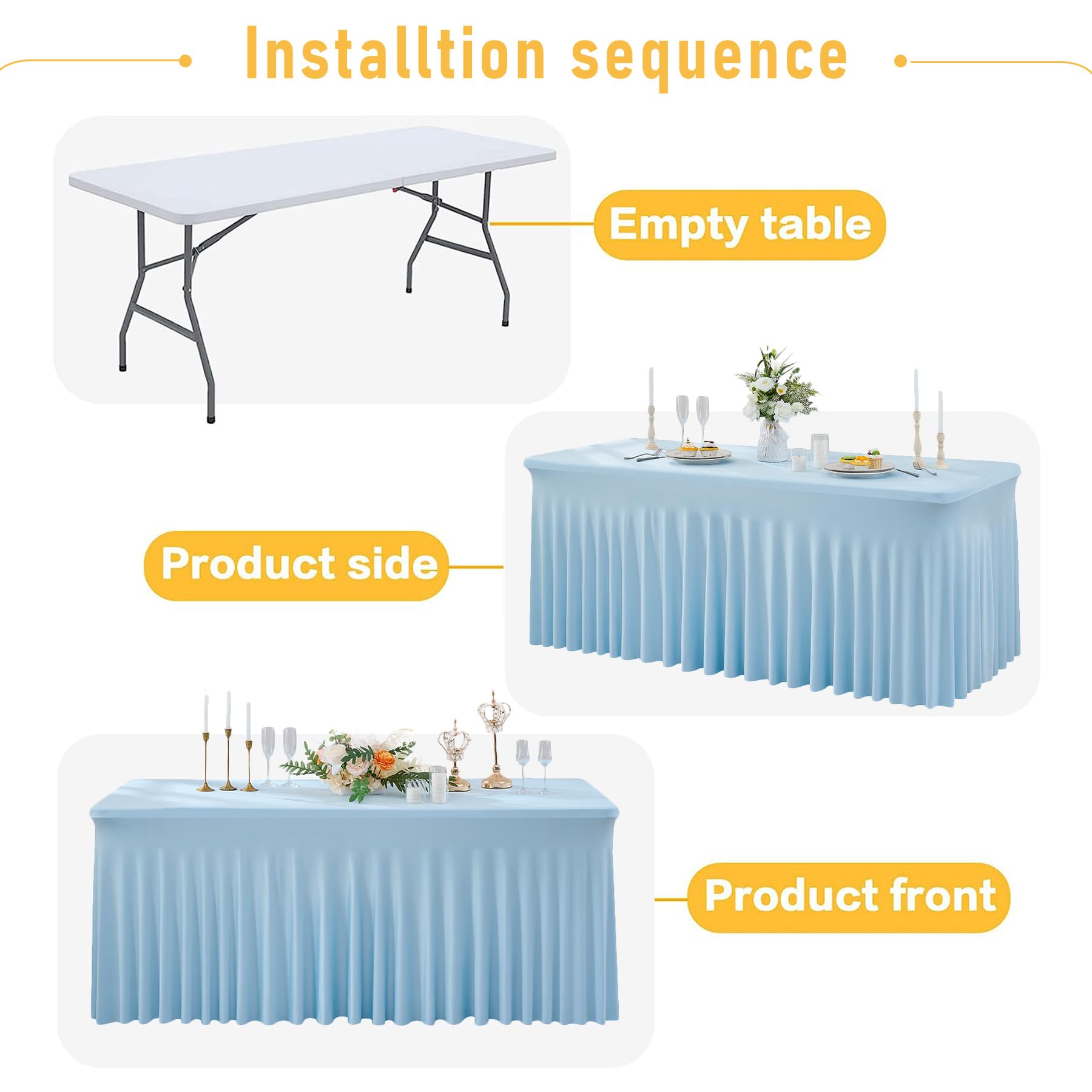 Htper 2 Pack Baby Blue Spandex Table Clothes for 6 Foot Rectangle Tables, Wrinkle Free Fitted Table Cover 6ft Stretch Tablecloths with Skirt for Parties Weddings Birthday Banquet Baby Shower