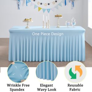 Htper 2 Pack Baby Blue Spandex Table Clothes for 6 Foot Rectangle Tables, Wrinkle Free Fitted Table Cover 6ft Stretch Tablecloths with Skirt for Parties Weddings Birthday Banquet Baby Shower