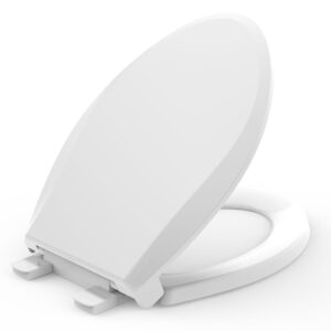 "premium soft-close elongated toilet seat with quick-release hinge, heavy duty and secure fit, easy installation and cleaning, 18.5", white oval design."