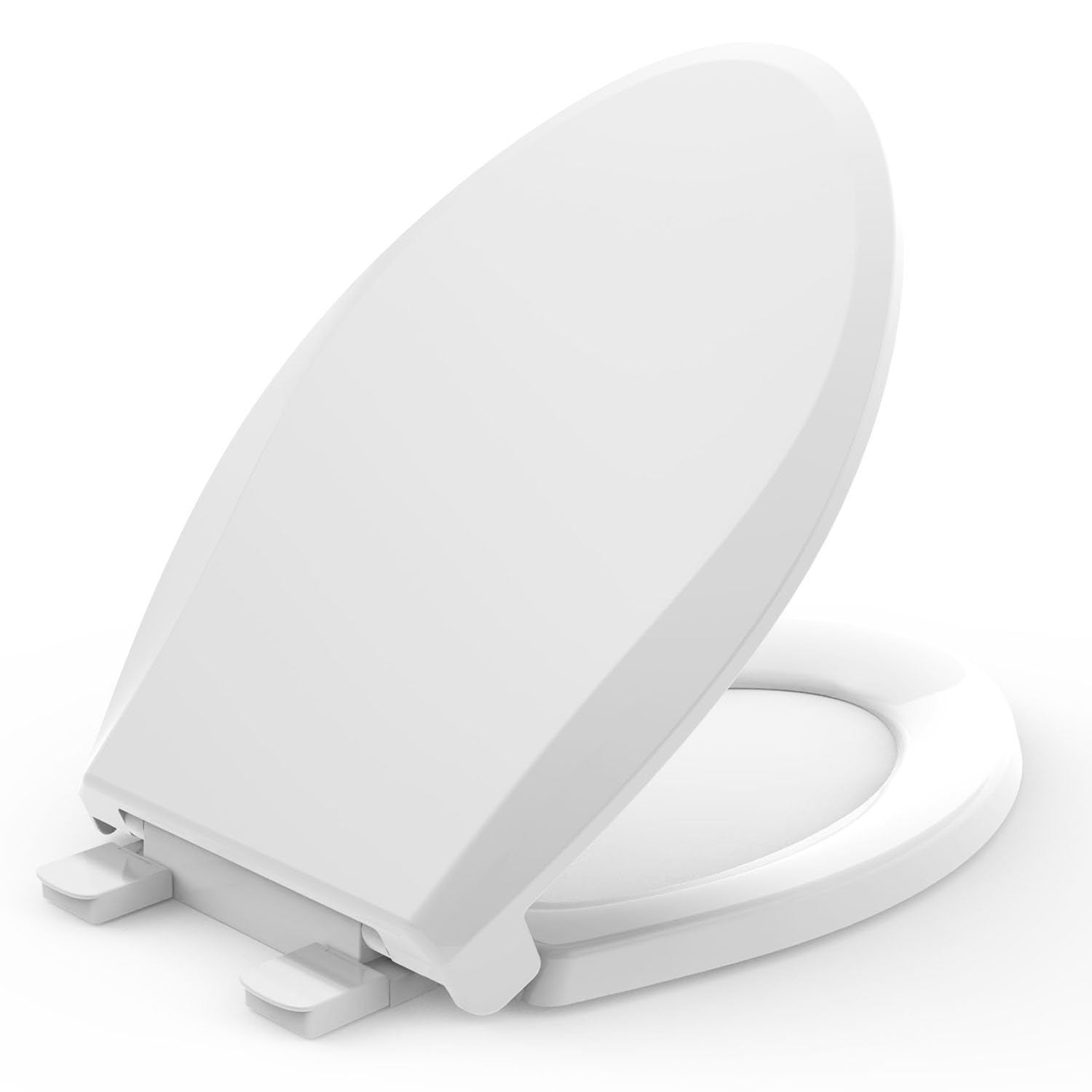 "Premium Soft-Close ELONGATED Toilet Seat with Quick-Release Hinge, Heavy Duty and Secure Fit, Easy Installation and Cleaning, 18.5", White Oval Design."