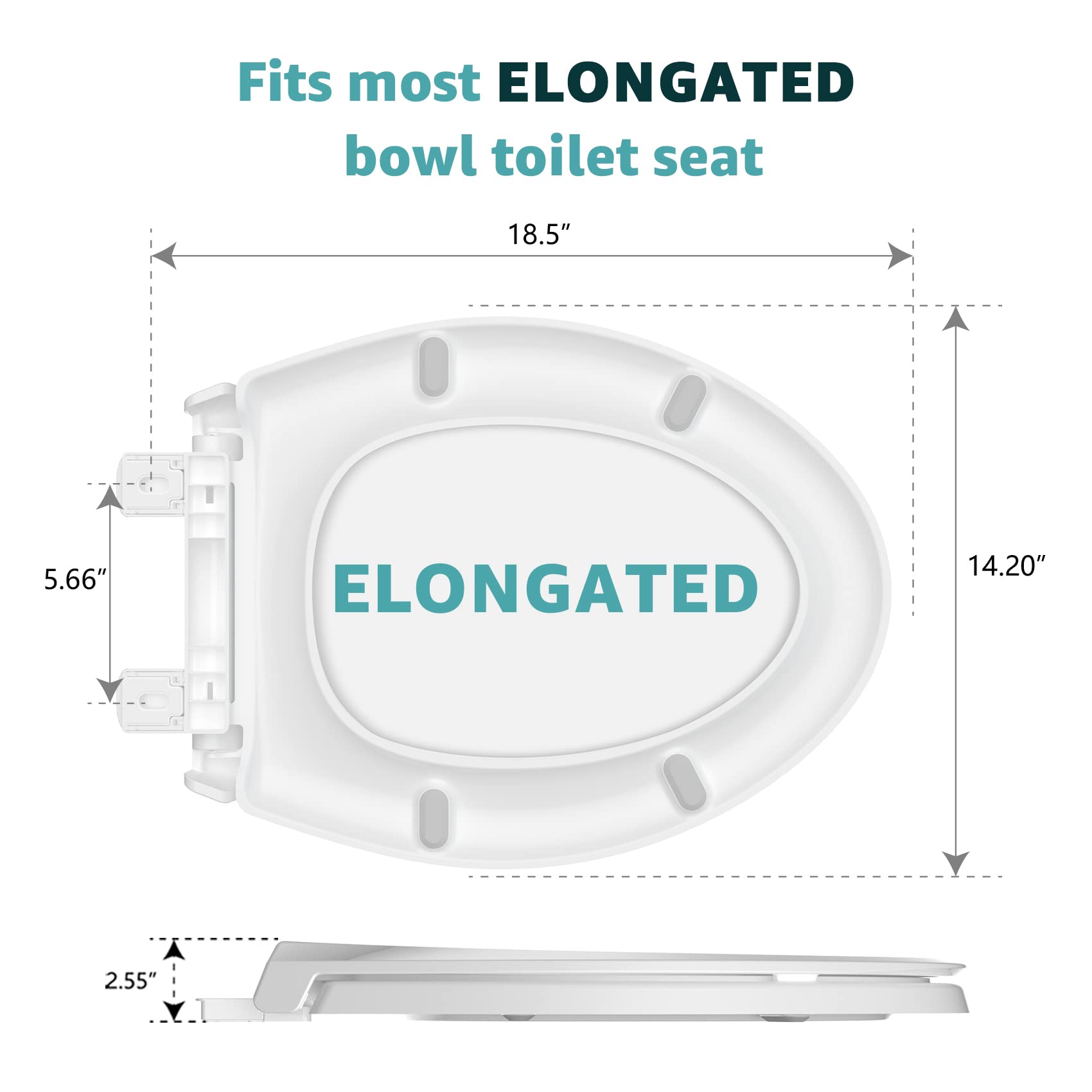 "Premium Soft-Close ELONGATED Toilet Seat with Quick-Release Hinge, Heavy Duty and Secure Fit, Easy Installation and Cleaning, 18.5", White Oval Design."