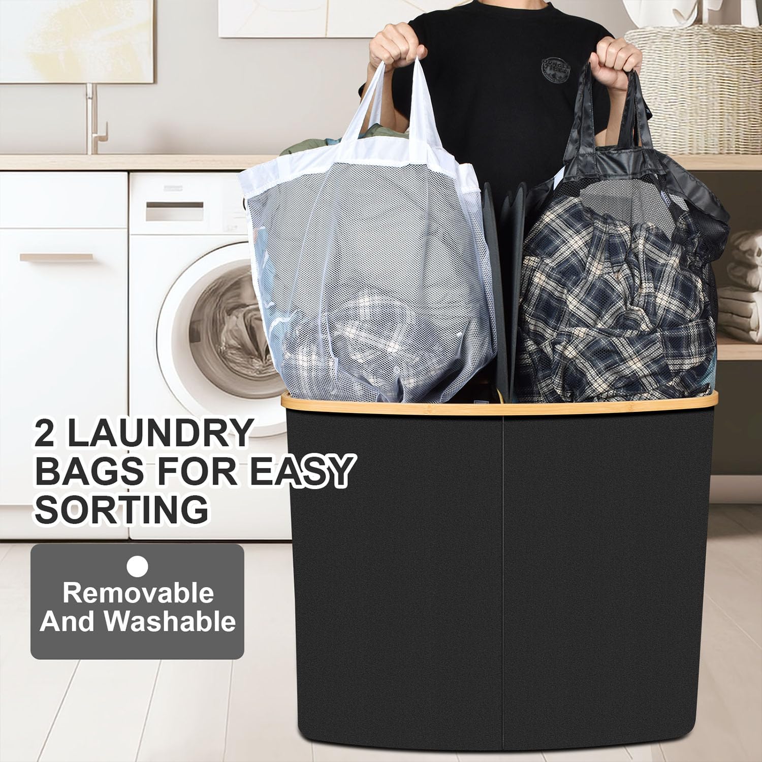 LEVIPE Large Laundry Basket with Lid, 205L Collapsible Laundry Hamper with Inner Bags 2 Section Dirty Clothes Hamper, Laundry Basket Organizer for Bathroom, Bedroom & Laundry Room