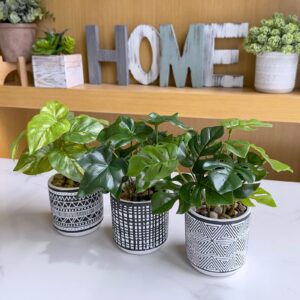 Winlyn 3 Pcs Small Artificial Potted Tropical Plants Faux Monstera Ivy Pothos in Black Geometric Pots for Gifts Hawaiian Tropical Luau Party Table Shelf Office Indoor Outdoor Decor