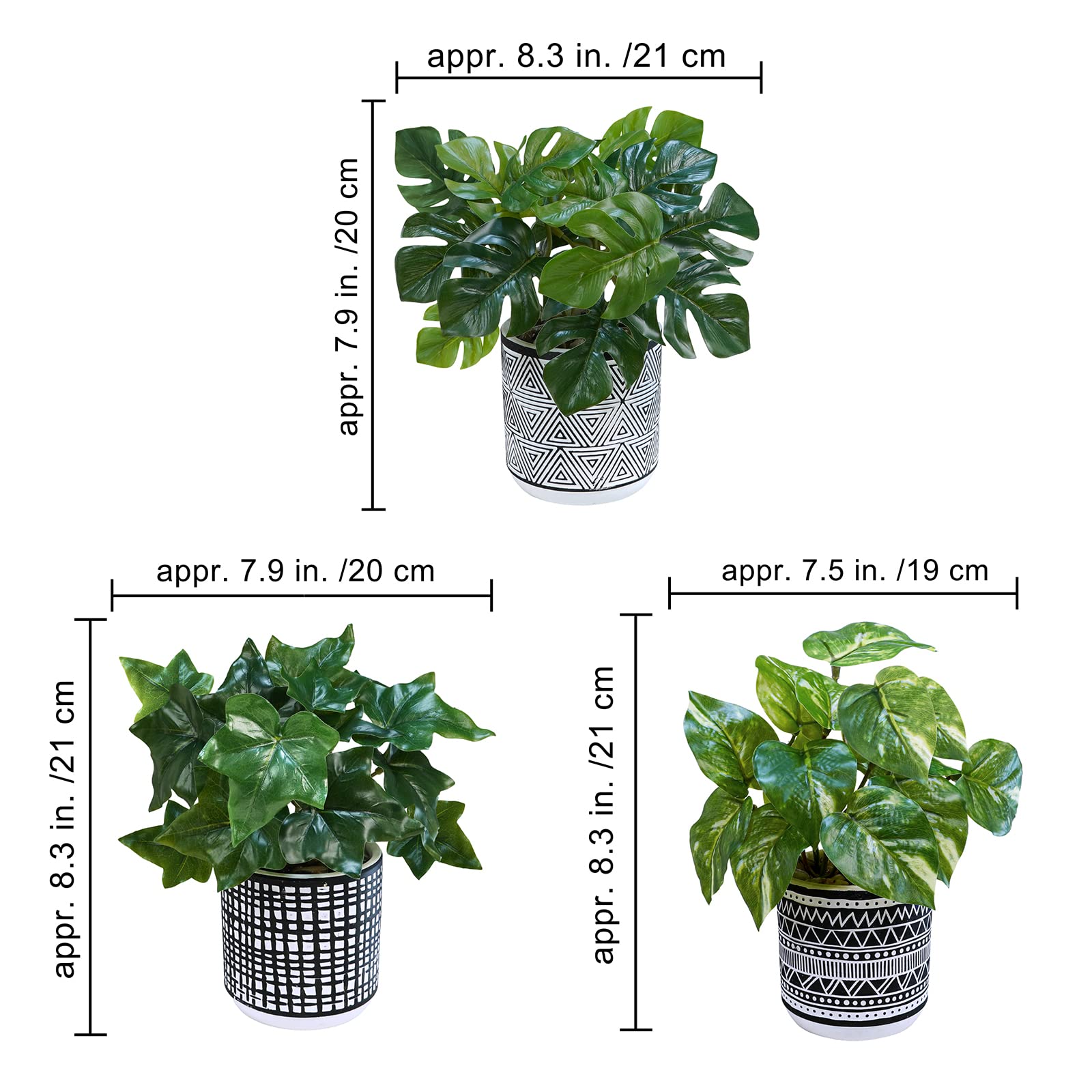 Winlyn 3 Pcs Small Artificial Potted Tropical Plants Faux Monstera Ivy Pothos in Black Geometric Pots for Gifts Hawaiian Tropical Luau Party Table Shelf Office Indoor Outdoor Decor