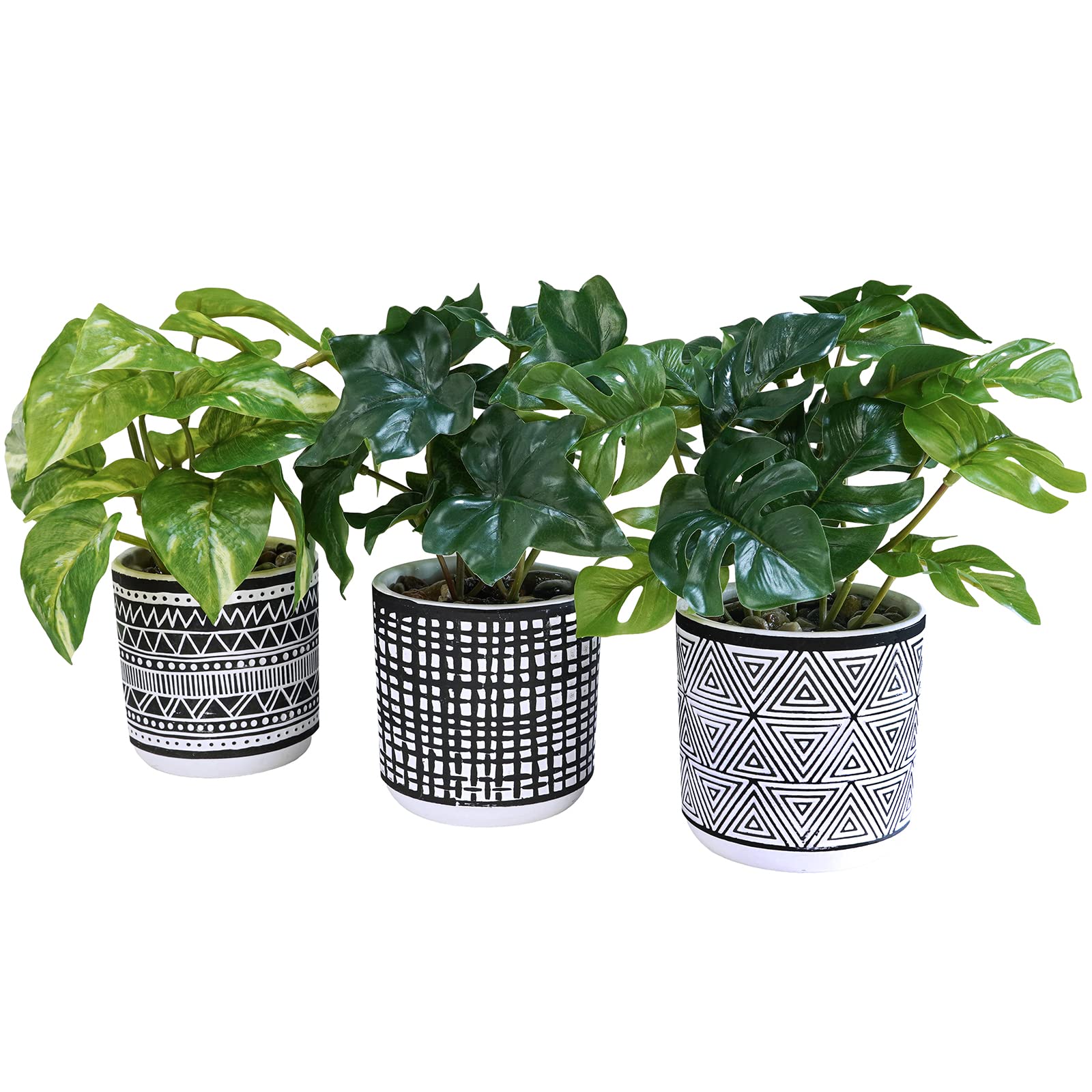 Winlyn 3 Pcs Small Artificial Potted Tropical Plants Faux Monstera Ivy Pothos in Black Geometric Pots for Gifts Hawaiian Tropical Luau Party Table Shelf Office Indoor Outdoor Decor