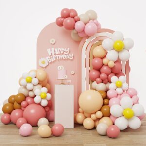 rubfac pink balloon arch kit, 147pcs boho blush daisy balloons retro dusty pink nude sand white brown balloon for valentine's day baby shower birthday wedding retro hippie groovy party decorations