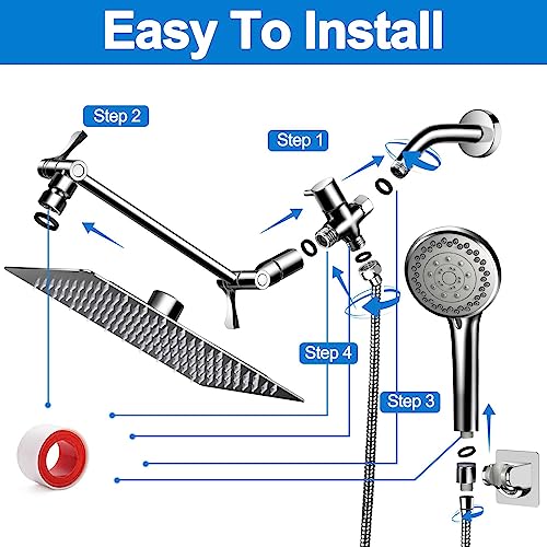 Yododo Modern 5-Setting Shower Head Combo, 10 Inch High Pressure Rain Shower Head with 11 Inch Adjustable Extension Arm, Chrome