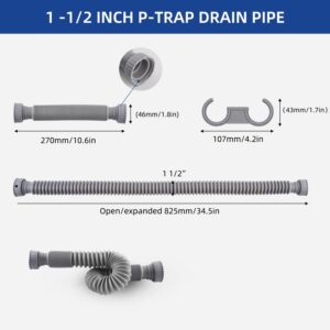 iFealClear 2 Pack 1-1/2" P-Trap Pipe, Flexible Sink Drain Pipe with 2 Rubber Sealing Rings, Flexible Drain Pipe Expandable 11"-34.5" P Trap Tubing Pipe for Kitchen Sink & Garbage Disposal, Gray