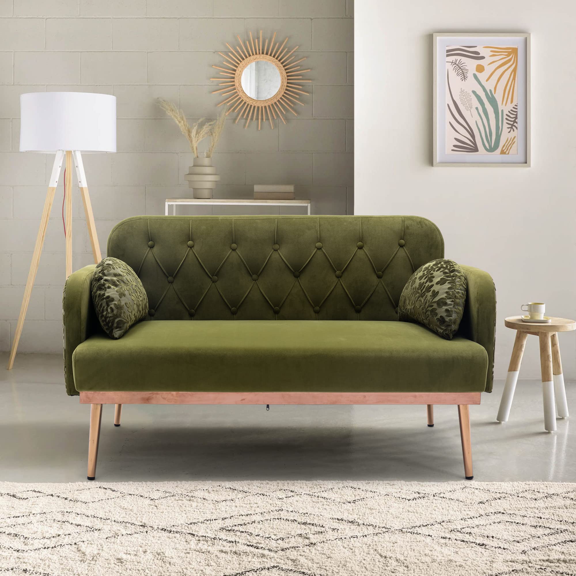 Anwickmak Twin Size Loveseat Accent Sofa Small Velvet Couch with Elegant Moon Shape 2 Pillows and Golden Metal Legs, for Living Room Bedroom Sofa with Tufted Backrest, (Green)