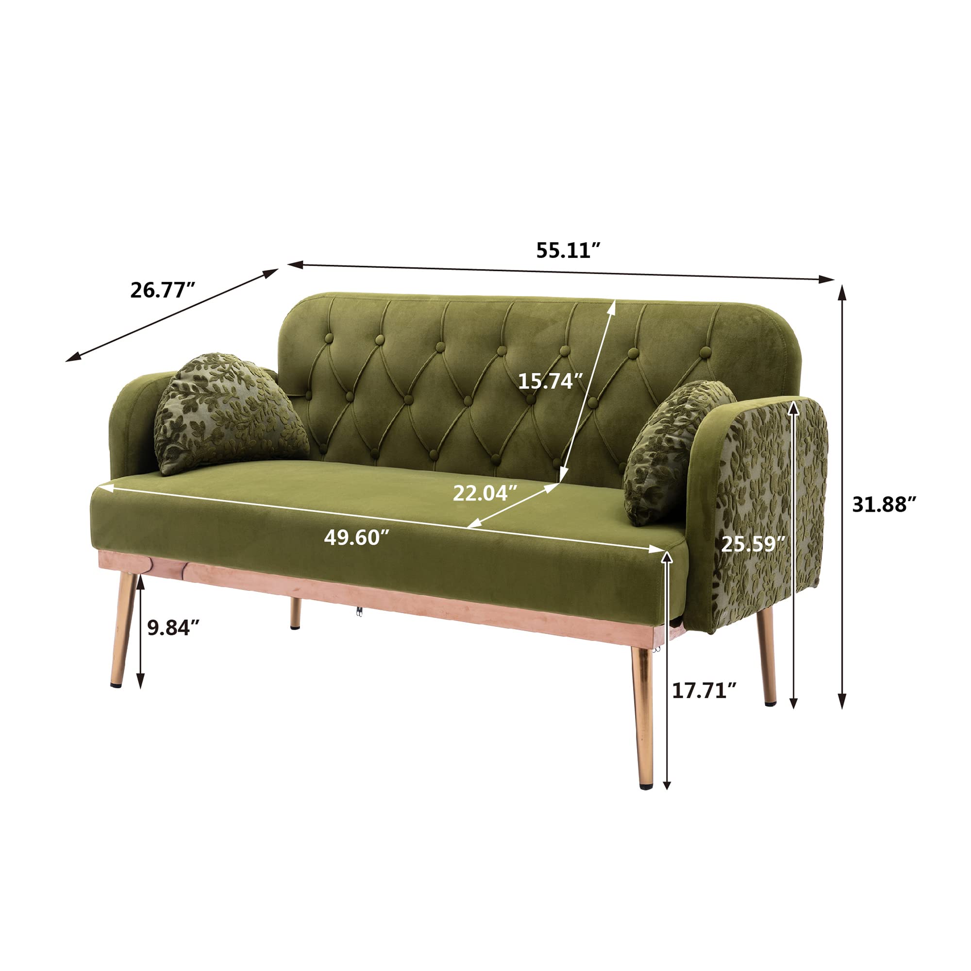 Anwickmak Twin Size Loveseat Accent Sofa Small Velvet Couch with Elegant Moon Shape 2 Pillows and Golden Metal Legs, for Living Room Bedroom Sofa with Tufted Backrest, (Green)