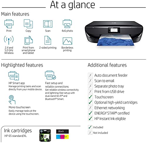 HP Envy 5055 Wireless All-in-One Color Photo Inkjet Printer, Black - Print Scan Copy - 2.2" Touchscreen LCD, 10 ppm, 1200 x 1200 dpi, Auto 2-Sided Printing, Borderless Printing, Bluetooth, USB