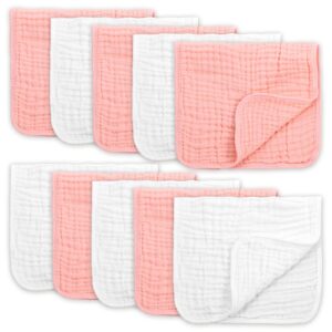 fook fish muslin burp cloths for baby 10 pack cotton burping rags hand washcloths for baby ultra soft and absorbent infant spit up rags for girls large 20'' x 10'' white & peachy pink