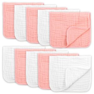 FOOK FISH Muslin Burp Cloths for Baby 10 Pack Cotton Burping Rags Hand Washcloths for Baby Ultra Soft and Absorbent Infant Spit Up Rags for Girls Large 20'' X 10'' White & Peachy Pink