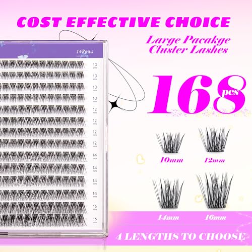 GAQQI Lash Clusters, GQ19 Individual Lashes 168pcs C Curl, DIY Lash Extension 10-16mm Mixed Length False Eyelash Clusters, Natural & Wispy Lash Wisps (GQ19,C Curl,10-16mm)