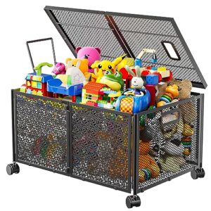 topchase toy box, toy storage organizer 70l with wheels and lids, collapsible sturdy metal toy chest for stuffed animal storage, kids toy and dog toy, black toy storage bin for girls and boys, 1 pack