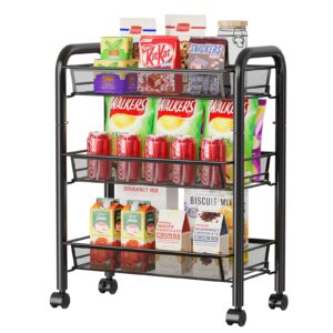 pokfeic 3-tier all metal rolling utility cart, rolling metal organization cart with lockable wheels, easy assembly mobile utility cart for kitchen, bathroom, office, workshop, rolling storage cart