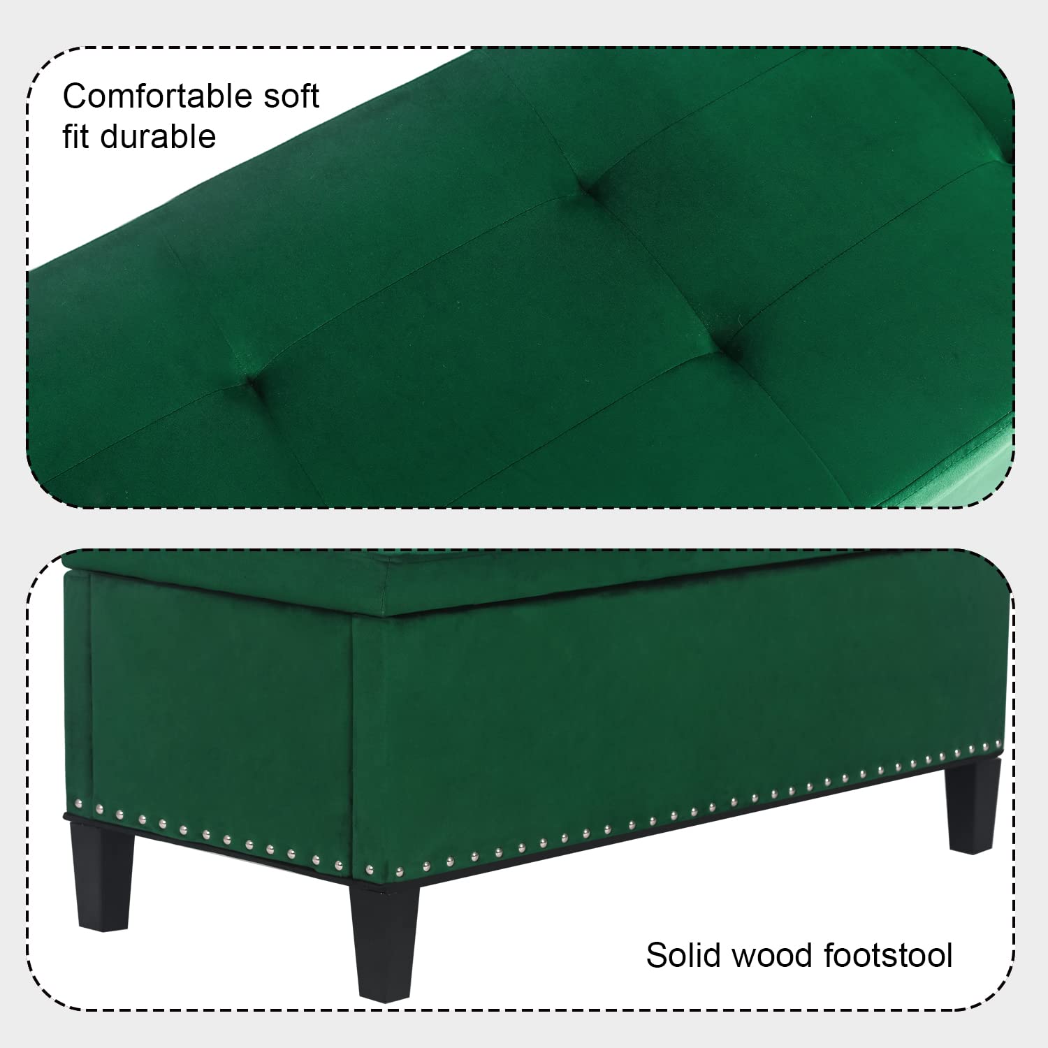 Adeco Rectangular Storage Ottoman, Velvet Tufted End of Bed Bench with Rivet, Footrest Stool Coffee Table for Living Room Bedroom Entryway, Need Assembly, Green