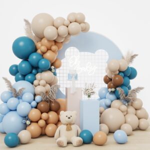 rubfac blue brown balloon garland arch kit, 142pcs bear baby shower decoration for gender reveal and birthday party decoration, jungle and boho theme party decoration
