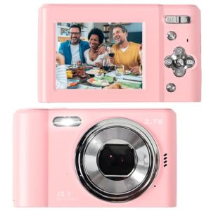 pink digital camera, fhd 1080p digital camera for kids, 48mp point and shoot digital cameras with 32gb sd card 16x digital zoom, compact vlogging camera portable mini camera for students teens adults