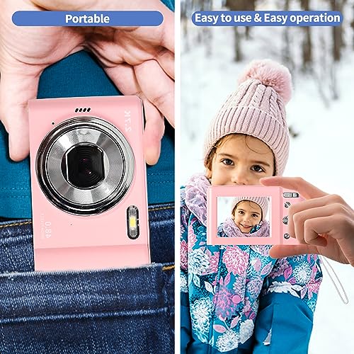 Pink Digital Camera, FHD 1080P Digital Camera for Kids, 48MP Point and Shoot Digital Cameras with 32GB SD Card 16X Digital Zoom, Compact Vlogging Camera Portable Mini Camera for Students Teens Adults