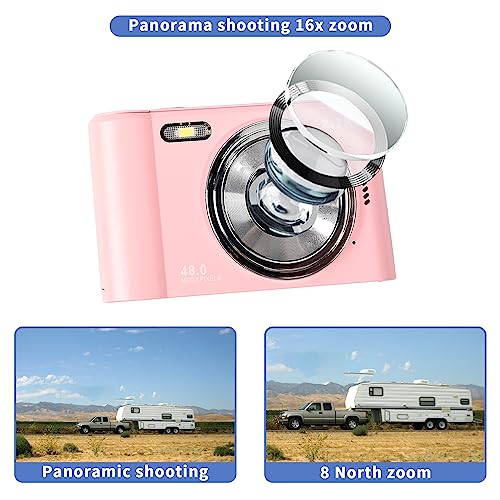 Pink Digital Camera, FHD 1080P Digital Camera for Kids, 48MP Point and Shoot Digital Cameras with 32GB SD Card 16X Digital Zoom, Compact Vlogging Camera Portable Mini Camera for Students Teens Adults