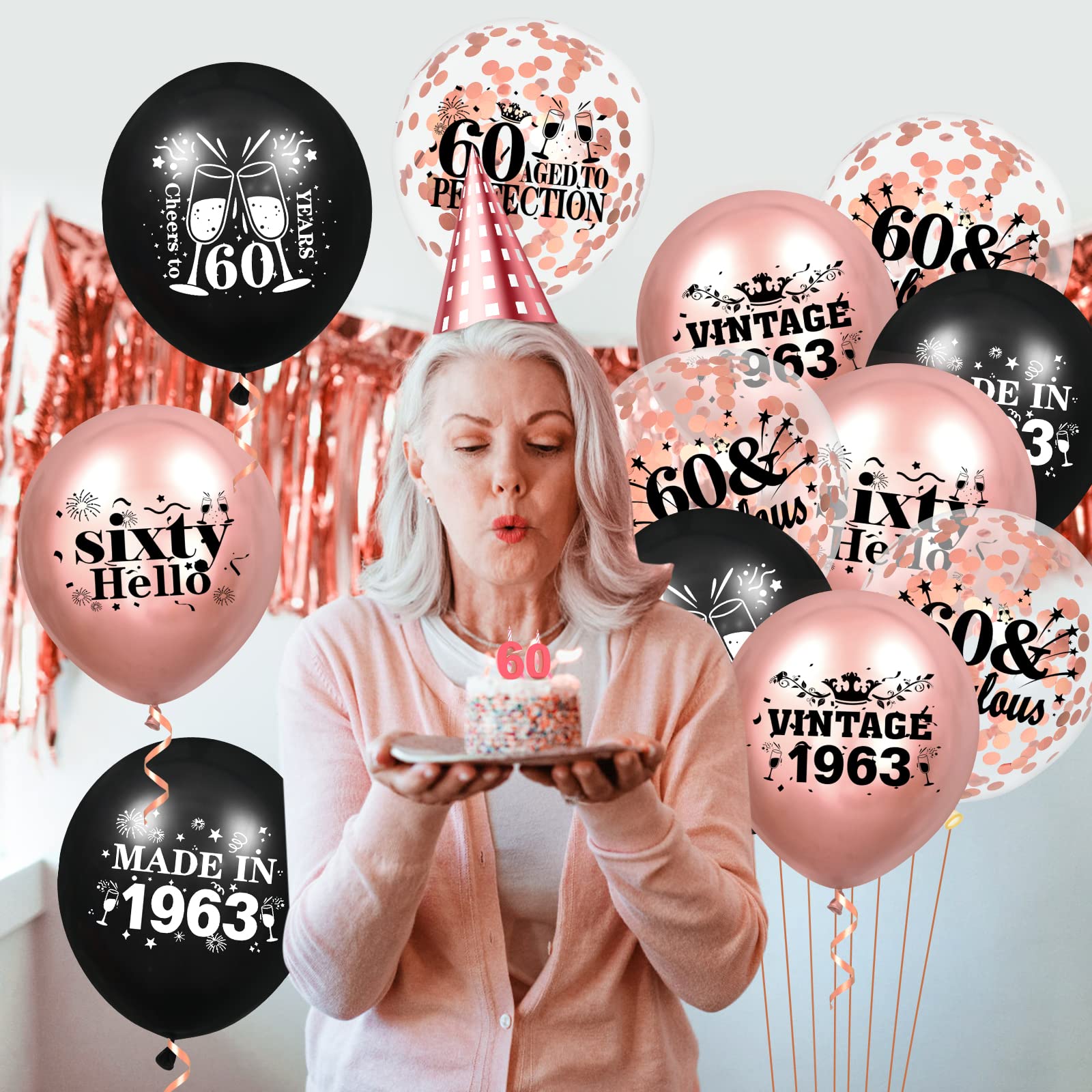 60th Birthday Balloons 18Pcs Rose Gold and Black 1963 Balloons Party Decorations 12 inch Confetti Latex Balloons Birthday Party Supplies for Women Vintage Balloons for 60th Birthday Anniversary Party