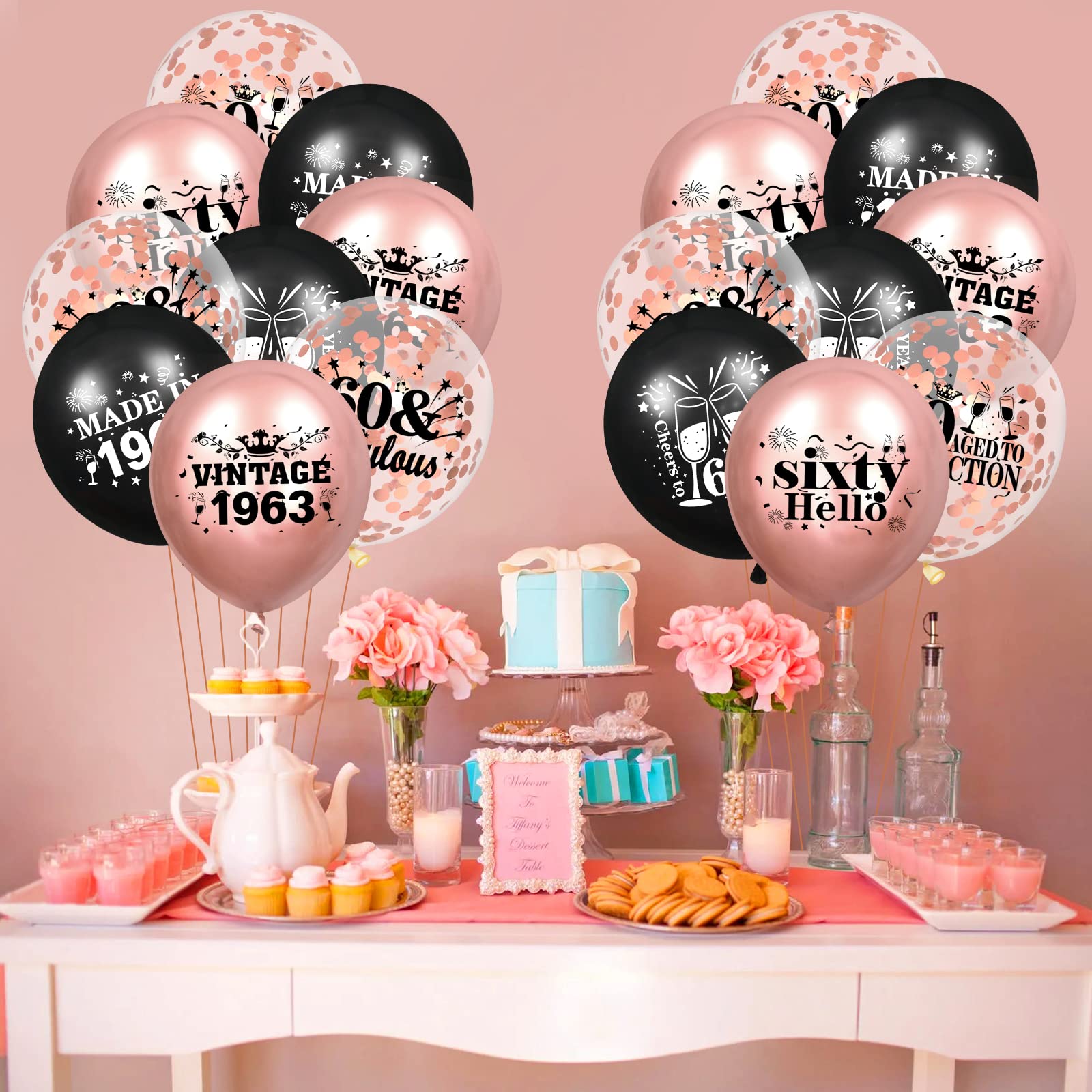 60th Birthday Balloons 18Pcs Rose Gold and Black 1963 Balloons Party Decorations 12 inch Confetti Latex Balloons Birthday Party Supplies for Women Vintage Balloons for 60th Birthday Anniversary Party