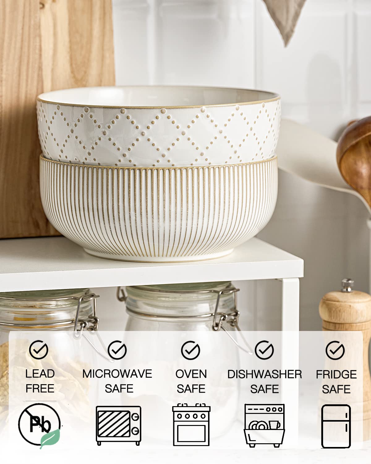 getstar Large Serving Bowls (8 inch & 60 fl oz), Ceramic Salad Bowl Set of 2, Microwave and Dishwasher Safe, Farmhouse Kitchen Decorative Bowls Set (Embossed Checks & Stripes)