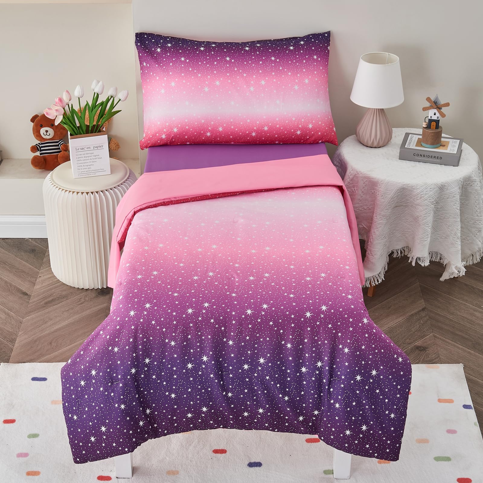 Cloele 4 Piece Toddler Bedding Set for Girls - Star Glitter Toddler Comforter Set Includes Comforter Fitted Sheet Flat Sheet Reversible Pillowcase - Pink Purple Toddler Sheet Set for Girls