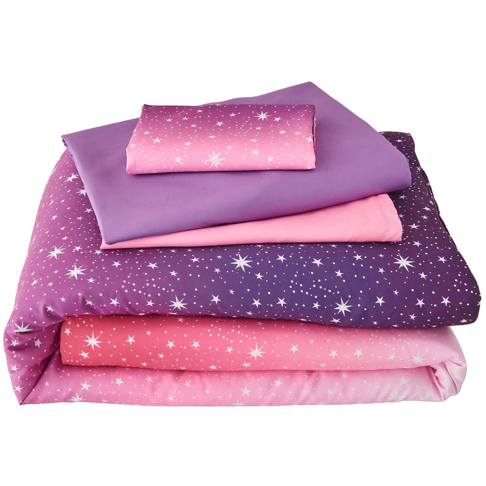 Cloele 4 Piece Toddler Bedding Set for Girls - Star Glitter Toddler Comforter Set Includes Comforter Fitted Sheet Flat Sheet Reversible Pillowcase - Pink Purple Toddler Sheet Set for Girls