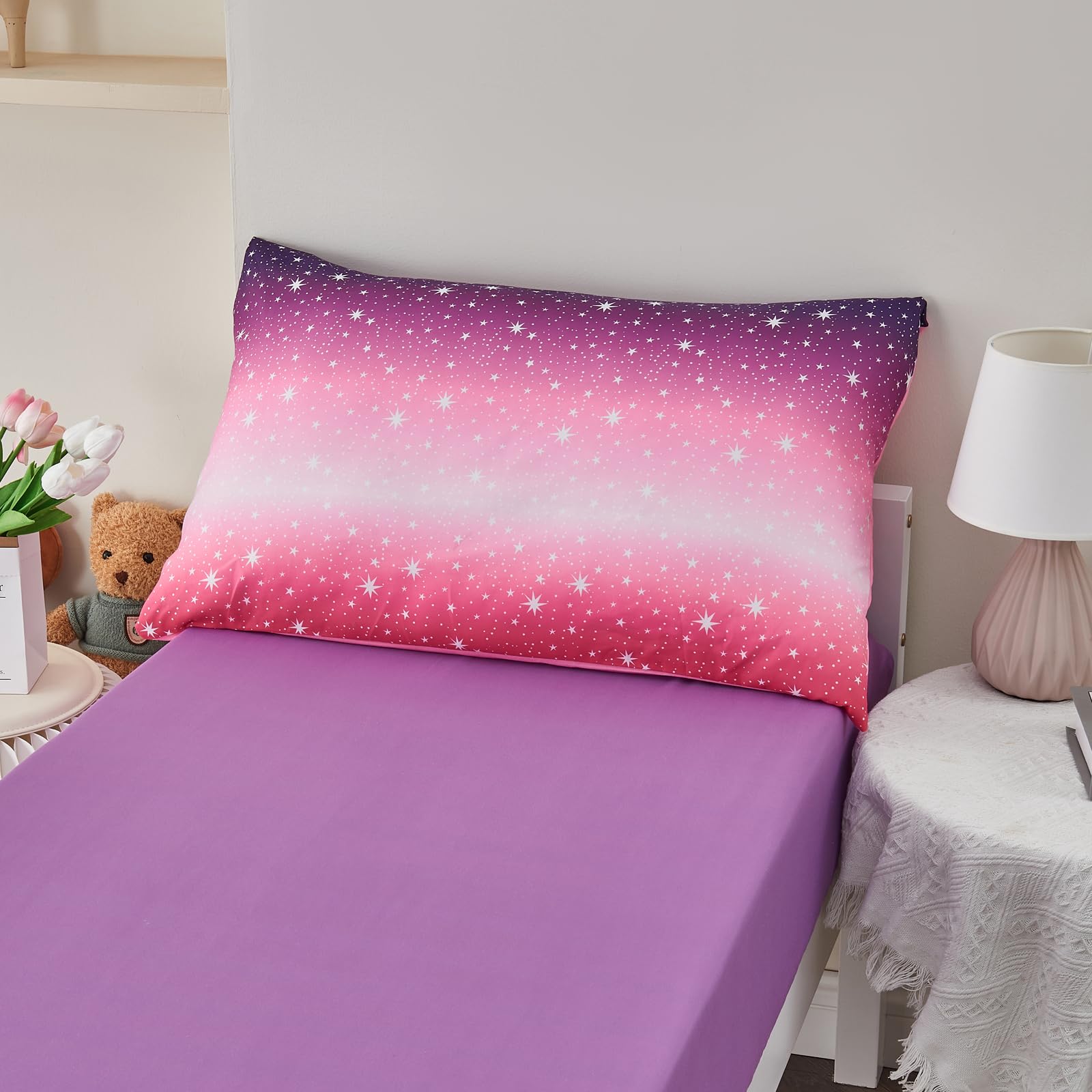 Cloele 4 Piece Toddler Bedding Set for Girls - Star Glitter Toddler Comforter Set Includes Comforter Fitted Sheet Flat Sheet Reversible Pillowcase - Pink Purple Toddler Sheet Set for Girls