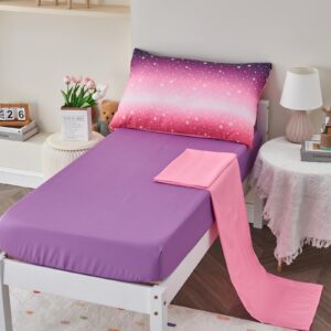 Cloele 4 Piece Toddler Bedding Set for Girls - Star Glitter Toddler Comforter Set Includes Comforter Fitted Sheet Flat Sheet Reversible Pillowcase - Pink Purple Toddler Sheet Set for Girls