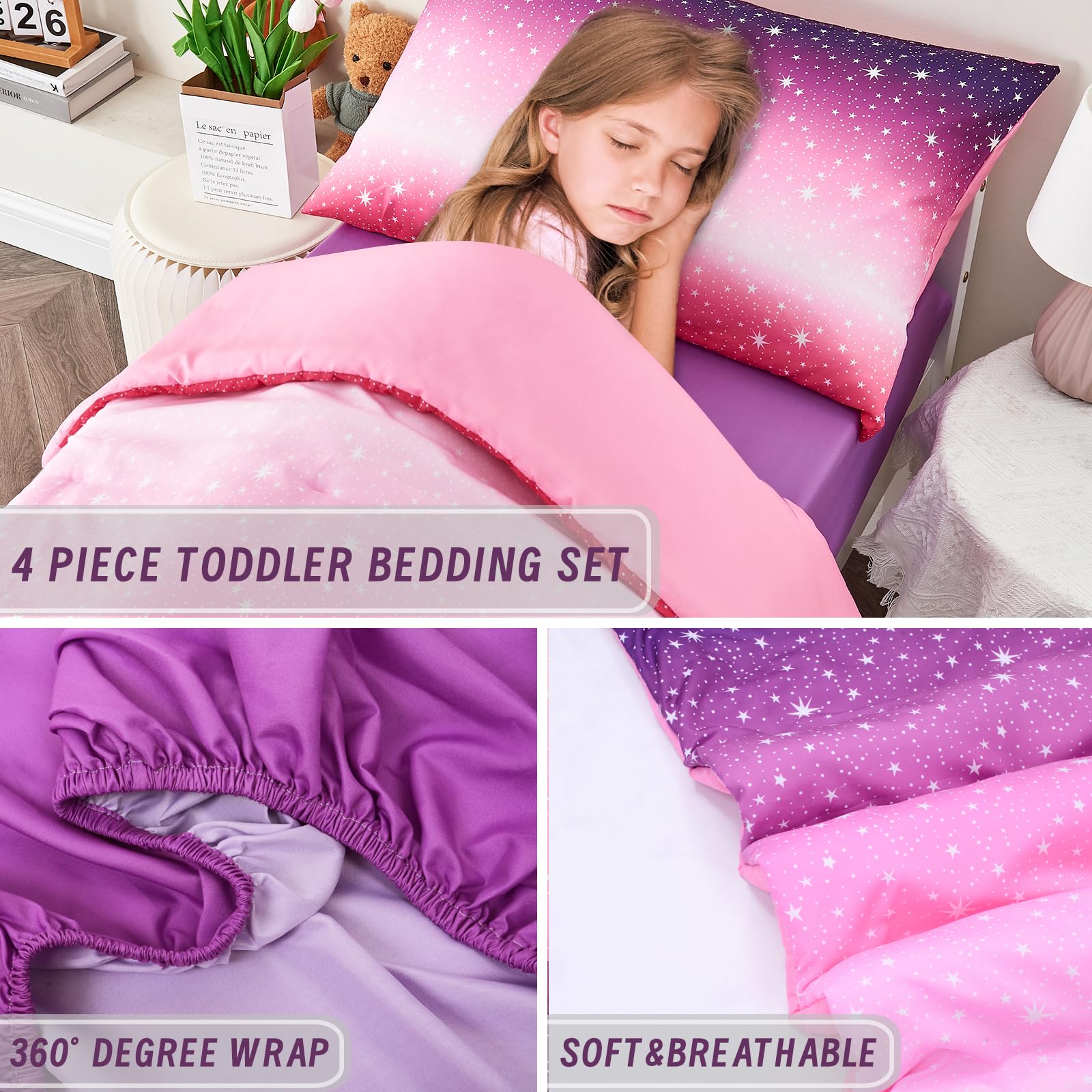 Cloele 4 Piece Toddler Bedding Set for Girls - Star Glitter Toddler Comforter Set Includes Comforter Fitted Sheet Flat Sheet Reversible Pillowcase - Pink Purple Toddler Sheet Set for Girls