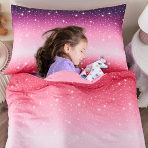 Cloele 4 Piece Toddler Bedding Set for Girls - Star Glitter Toddler Comforter Set Includes Comforter Fitted Sheet Flat Sheet Reversible Pillowcase - Pink Purple Toddler Sheet Set for Girls