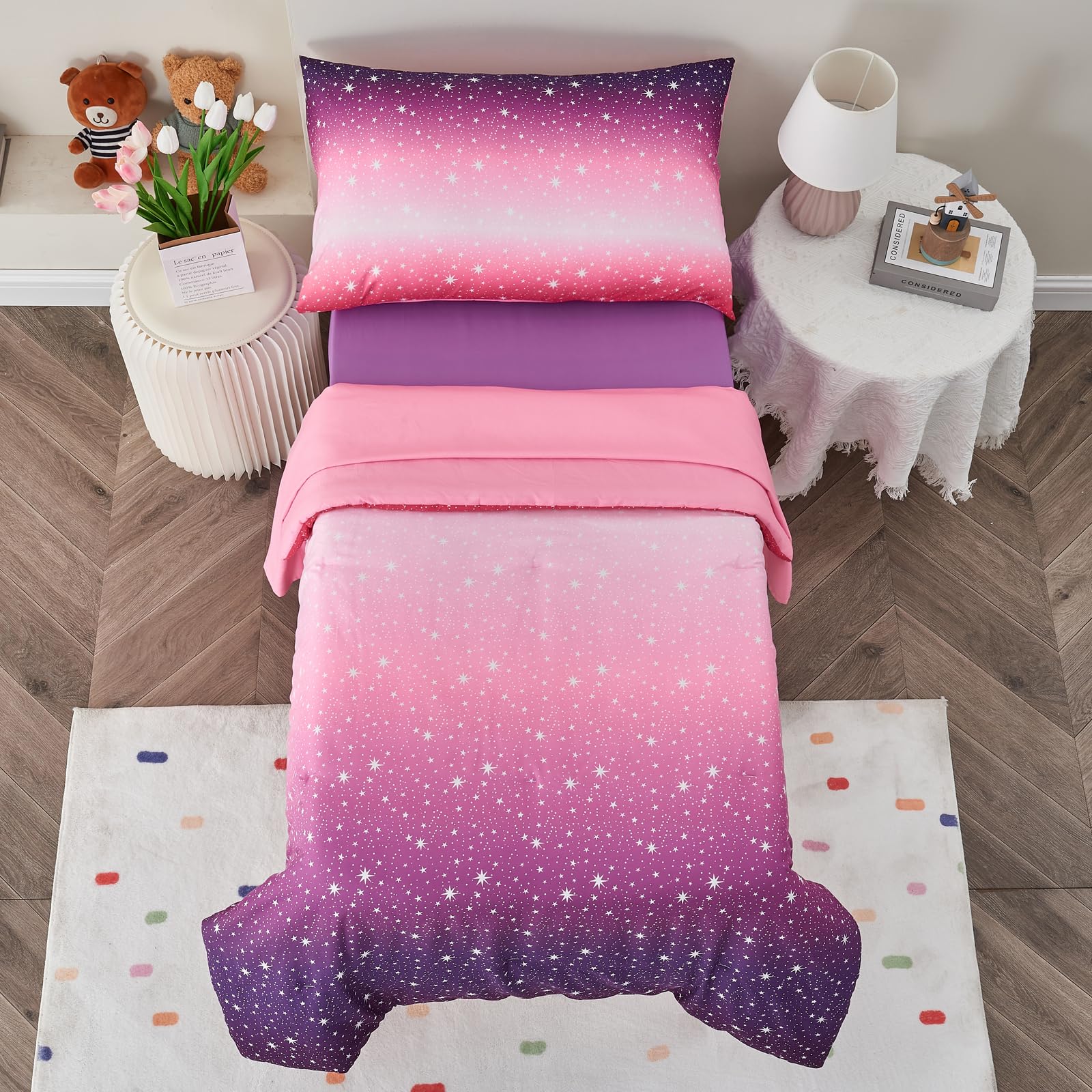 Cloele 4 Piece Toddler Bedding Set for Girls - Star Glitter Toddler Comforter Set Includes Comforter Fitted Sheet Flat Sheet Reversible Pillowcase - Pink Purple Toddler Sheet Set for Girls