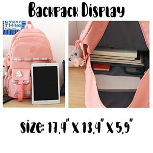 KOVPIFB 5 PCS Kawaii Backpack Set,Cute Plush Pendants & Pins Aesthetic Schoolbags for Teen Girls,Large Capacity Bookbags Pink