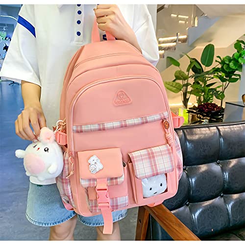 KOVPIFB 5 PCS Kawaii Backpack Set,Cute Plush Pendants & Pins Aesthetic Schoolbags for Teen Girls,Large Capacity Bookbags Pink