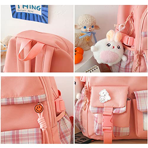 KOVPIFB 5 PCS Kawaii Backpack Set,Cute Plush Pendants & Pins Aesthetic Schoolbags for Teen Girls,Large Capacity Bookbags Pink