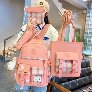 KOVPIFB 5 PCS Kawaii Backpack Set,Cute Plush Pendants & Pins Aesthetic Schoolbags for Teen Girls,Large Capacity Bookbags Pink