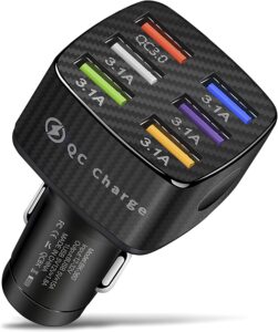 car charger adapter - qc 3.0 and 5 other ports, 6 usb multi-port, fast charger, car charger adapter compatible with iphone, android, tablet and other usb device