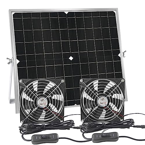 FCXJTU 20W Solar Powered Fan for Chicken Coops, Greenhouses, Outside Sheds, Pet Houses, Solar Panel Fan with Two IPX7 Waterproof Fans 11.5Ft On/Off Switch Cable Exhaust Intake Way Installation Kits