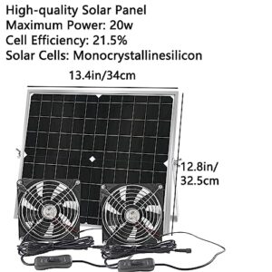 FCXJTU 20W Solar Powered Fan for Chicken Coops, Greenhouses, Outside Sheds, Pet Houses, Solar Panel Fan with Two IPX7 Waterproof Fans 11.5Ft On/Off Switch Cable Exhaust Intake Way Installation Kits