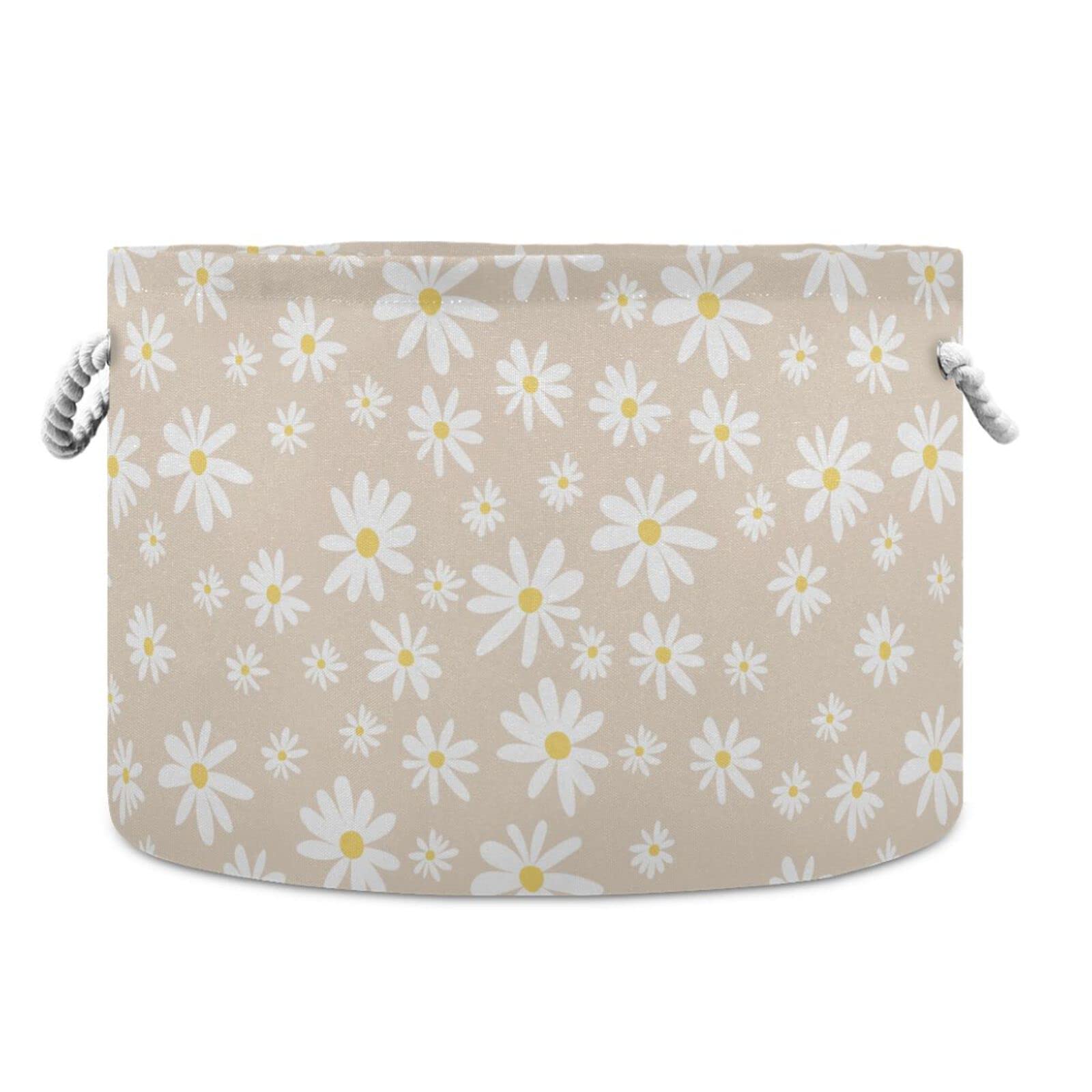 Burbuja Daisy on Beige Round Storage Basket with Cotton Rope Handles, Laundry Basket for Blankets, Toys, Nursery, Living Room Decoration