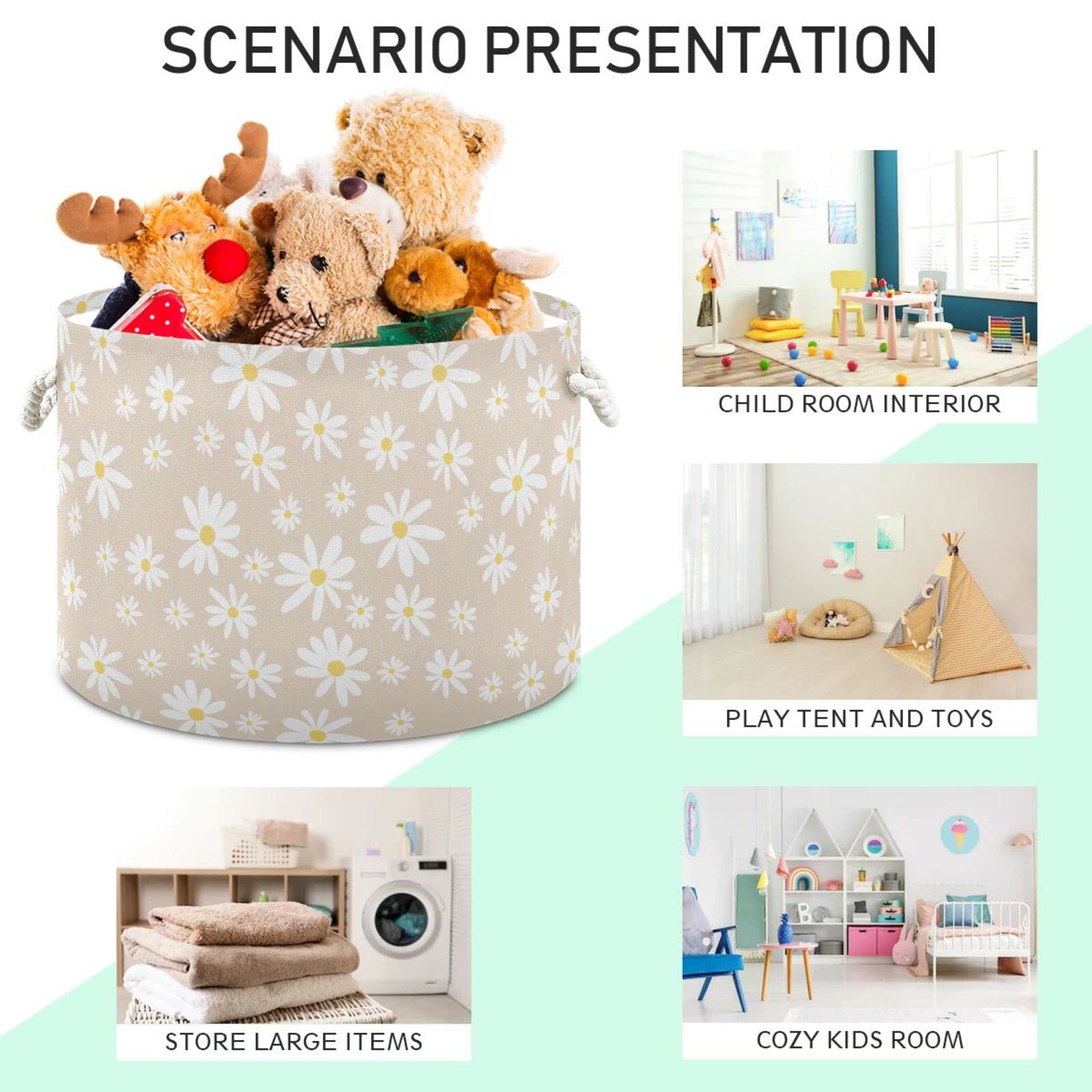 Burbuja Daisy on Beige Round Storage Basket with Cotton Rope Handles, Laundry Basket for Blankets, Toys, Nursery, Living Room Decoration