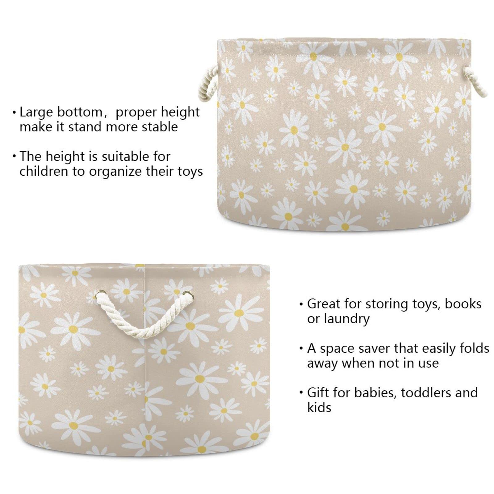 Burbuja Daisy on Beige Round Storage Basket with Cotton Rope Handles, Laundry Basket for Blankets, Toys, Nursery, Living Room Decoration