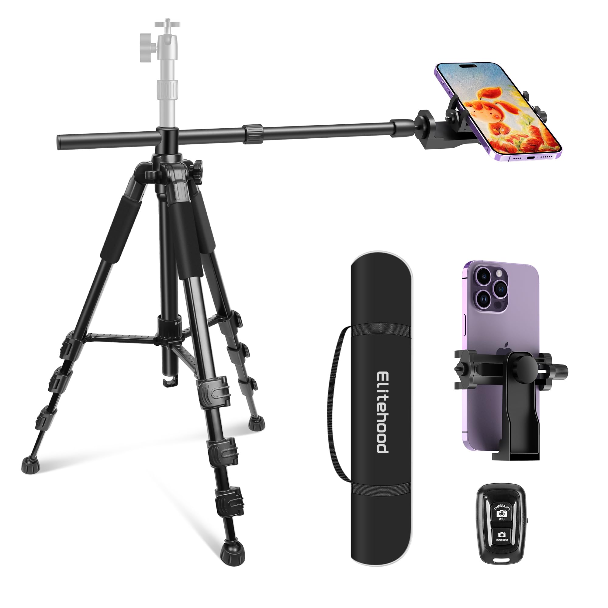 Elitehood Newest Ultra-Stable Overhead Tripod for iPhone – Heavy Duty Aluminum Tripod & 25in Horizontal Long Phone Arm, Tall Phone Stand Mount for Recording, 360°Adjustable iPhone Tripod Stand